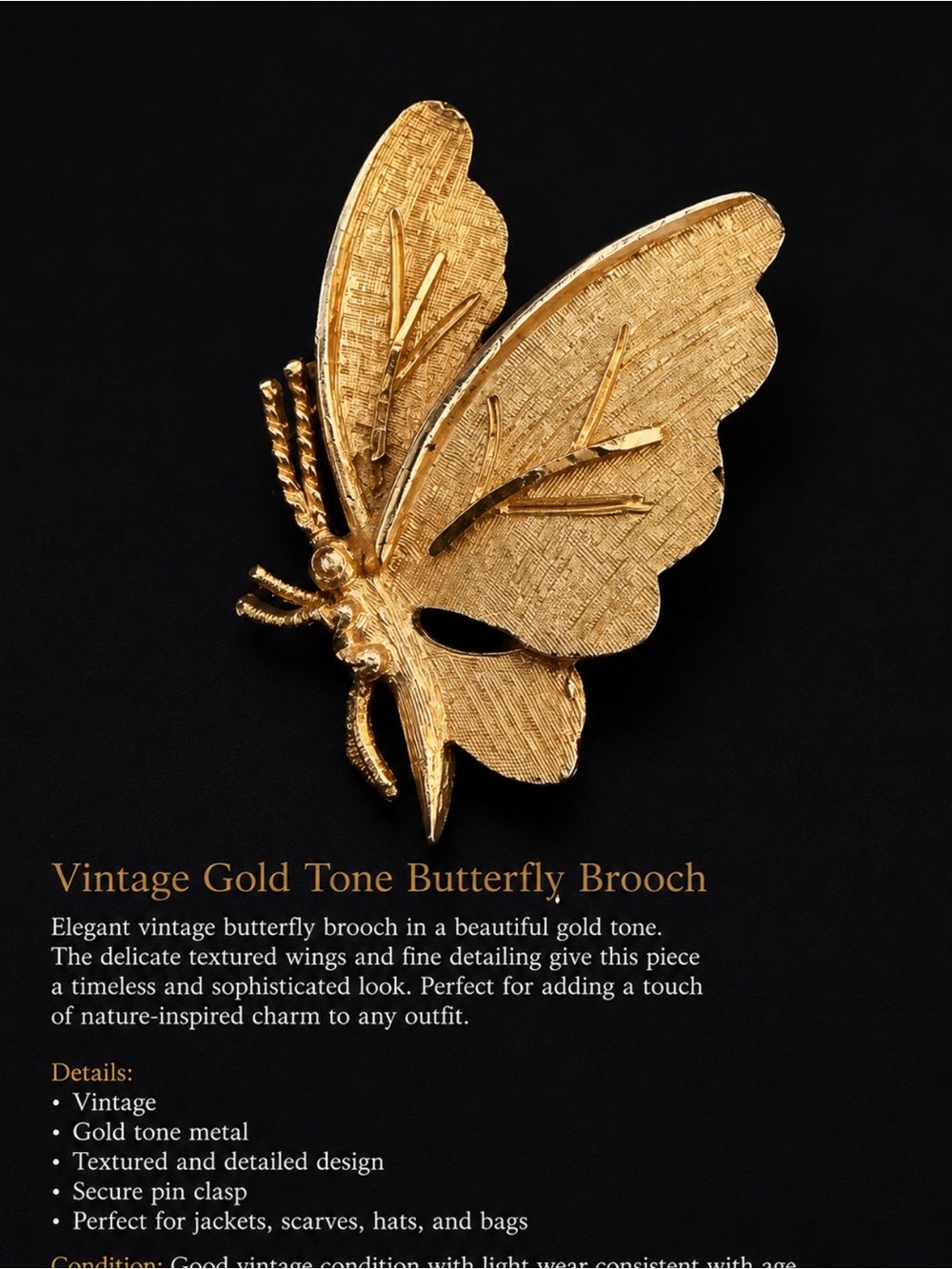 Textured Gold Butterfly Brooch